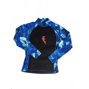 Blue and Black Long Sleeve Youth Rash Guard with Shark Print | Size M